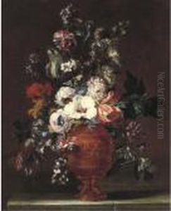 Parrot Tulips, Roses, Carnations, Morning Glory And Other Flowersin A Sculpted Urn by Nicolas Van Veerendael
