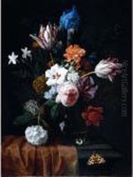 A Still Life Of Variegated 
Tulips, A Rose, Carnation, An Iris And Other Flowers In A Glass Vase, 
Resting On A Stone Ledge Draped With A Cloth, Together With A Butterfly - view 1