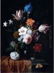A Still Life Of Variegated
Tulips, A Rose, Carnation, An Iris And Other Flowers In A Glass Vase,
Resting On A Stone Ledge Draped With A Cloth, Together With A Butterfly by Nicolas Van Veerendael