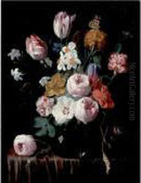 Still Life Of Roses, Tulips, 
Carnations And Other Flowers In A Glass Vase, Resting On A Table - view 1