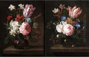 Still Lifes Of Roses,
Carnations, Tulips And Other Flowers In Glass Vases Resting On A Ledge. by Nicolas Van Veerendael