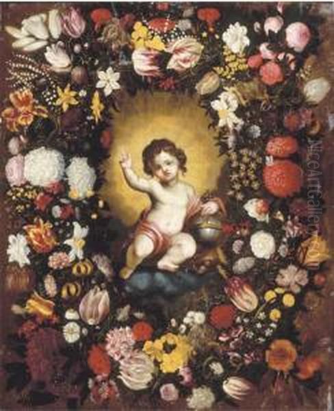 A Garland Of Flowers Surrounding An Image Of The Infantchrist - view 1