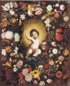 A Garland Of Flowers Surrounding An Image Of The Infantchrist by Nicolas Van Veerendael