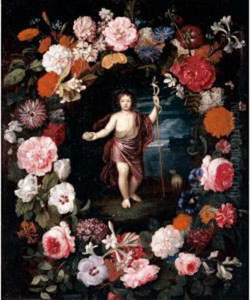 Saint John The Baptist Standing In A Landscape Surrounded By A Garland Of Flowers - view 1