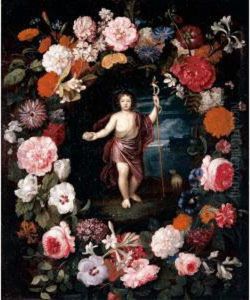 Saint John The Baptist Standing In A Landscape Surrounded By A Garland Of Flowers by Nicolas Van Veerendael