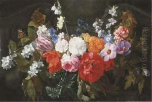 A Garland Of Roses, A Peony, A 
Tulip, Carnations, Gentians Andother Flowers With A Bumble Bee And A 
Butterfly