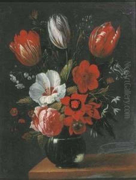 Tulips, Roses And Other Flowers In A Glass Vase On A Wooden Ledge - view 1