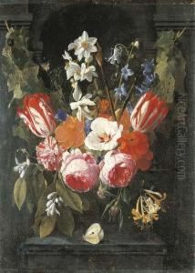 A Swag Of Tulips, Peonies,
Carnations, Narcissi And Other Flowers With A Butterfly In A Stone Niche by Nicolas Van Veerendael