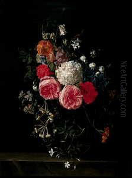 Blumenstilleben. In Einer Glasvase Rosen, Schneeball, Eine Lilie Und Akelei. - view 1