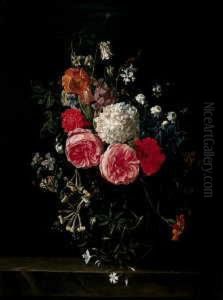 Blumenstilleben. In Einer Glasvase Rosen, Schneeball, Eine Lilie Und Akelei.