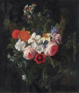 A Swag Of Roses, Carnations,
Narcissi, Harebells, Thistles, Apoppy, A Daffodil, A Crocus, And Other
Flowers Hanging Before Astone Cartouche A Swag Of Roses, Carnations,
Narcissi, Harebells, Thistles, Apoppy, A Daffodil, A Crocus, And Other
Flowers Hanging Before Astone Cartouche