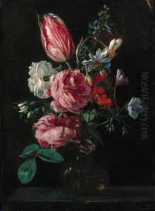 Roses, Narcissi, A Parrot Tulip And Other Flowers In A Glass Vaseon A Ledge by Nicolas Van Veerendael