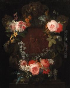 A Swag Of Roses, Carnations And 
Narcisi Surrounding A Stone Nichewith A Relief Of The Drunken Silenus by Nicolas Van Veerendael
