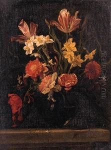 Tulips, Carnations And Narcisi In A Glass Vase On A Ledge by Nicolas Van Veerendael