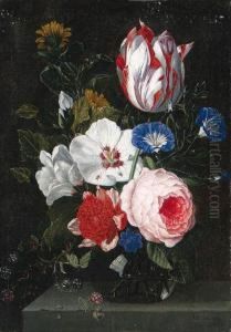 Morning Glory, A Parrot Tulip, 
Roses, And Other Flowers Withblackberries In A Glass Vase On A Ledge