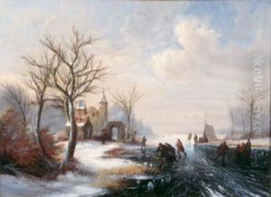 Paysage D'hiver Avec Des Patineurs