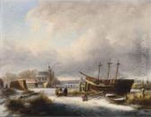 Winter Landscape With Figures By A Boat by Johannes Petrus van Velzen