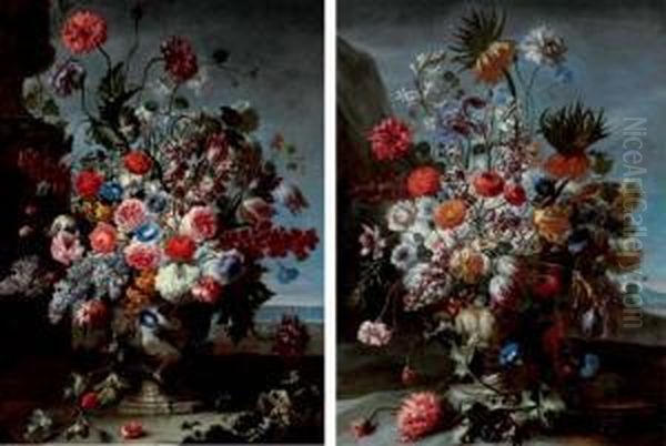 Tulips, Morning-glories,
Carnations, Lilies And Other Flowers, In An Urn, An Extensive Landscape
Beyond; And Lilacs, Tulips, Roses, And Other Flowers In An Urn, A
Coastal View Beyond - view 1