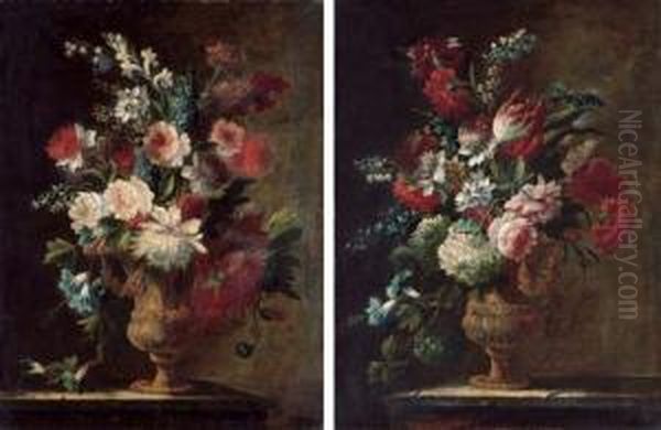 Carnations, Morning Glory,
Marigolds, Roses And Other Flowers In A Sculpted Urn On A Stone Ledge;
And Carnations, Morning Glory, Snowballs, A Tulip And Other Flowers In A
Sculpted Urn On A Stone Ledge - view 1