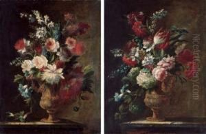 Carnations, Morning Glory,
Marigolds, Roses And Other Flowers In A Sculpted Urn On A Stone Ledge;
And Carnations, Morning Glory, Snowballs, A Tulip And Other Flowers In A
Sculpted Urn On A Stone Ledge by Karel Van Vogelaer, Carlo Dei Fiori