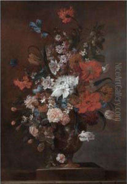 Still Life Of Roses, Variegated Tulips, Peonies And Other Flowers In A Stoneware Vase - view 1