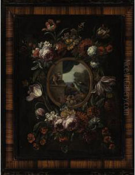 A Garland Of Flowers Encircling A Tondo With Fruit, Monkey And Parrot - view 1
