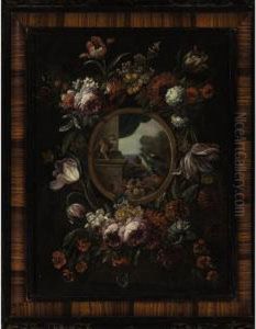 A Garland Of Flowers Encircling A Tondo With Fruit, Monkey And Parrot A Garland Of Flowers Encircling A Tondo With Fruit, Monkey And Parrot