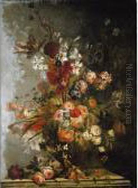 Still Life Of Roses, Lilies,
Carnations, Tulips, Chrysanthemums And Other Flowers In An Urn Resting
On A Stone Ledge - view 1