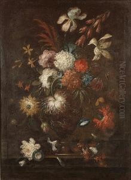 Irises, Morning Glory, A Snowball And Carnations In A Bronze Urn On A Ledge - view 1