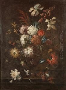 Irises, Morning Glory, A Snowball And Carnations In A Bronze Urn On A Ledge