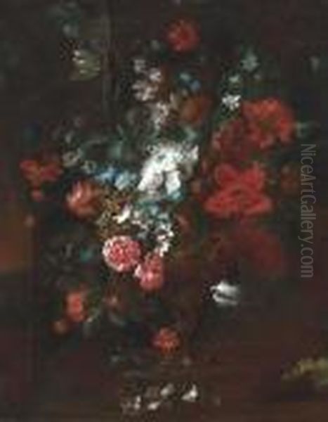 Roses, Peonies, Narcissi, Morning Glory And Other Flowers In Anurn - view 1
