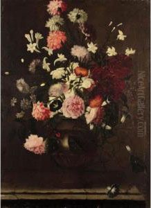 A Still Life Of Roses, Carnations, And Various Other Flowers In An Urn On A Stone Ledge