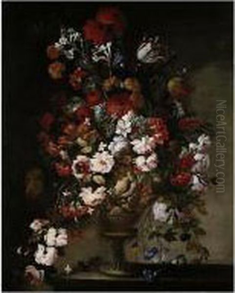 Still Lifes Of Lilies, 
Carnations, Tulips, Chrysanthemums, Morning Glory And Roses, Arranged In
 Sculpted Vases, Set Upon Stone Ledges - view 1