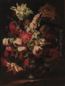 Irises, Sunflowers, Roses, Carnations, Morning Glory, Tulips Andother Flowers In An Urn by Karel Van Vogelaer, Carlo Dei Fiori