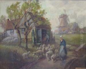 Shepherdess With Flock by Francis William Van Vreeland