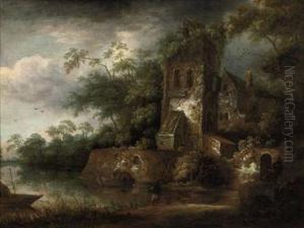 A Wooded River Landscape With Fishermen Near A Ruined Tower - view 1
