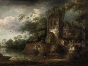 A Wooded River Landscape With Fishermen Near A Ruined Tower