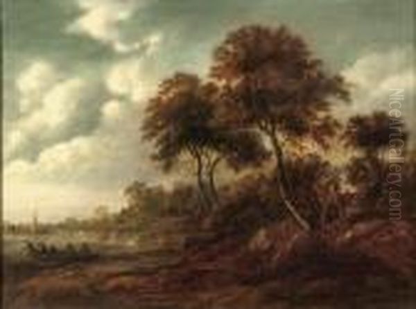 A Wooded River Landscape With A Cottage On The Bank And Fishermenon The Water - view 1