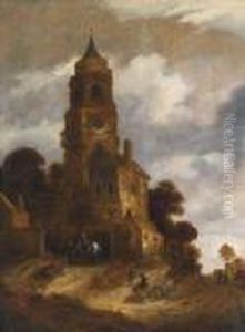 Baumbestandene Landschaft Mit Einem Reiter Vor Einer Kirche by Roelof van Vries