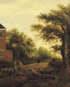 A Wooded Landscape With Hunters And Dogs On A Track Near A House by Roelof van Vries