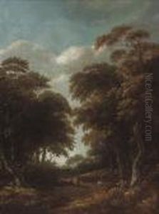 A Wooded Landscape With Travellers On A Track by Roelof van Vries