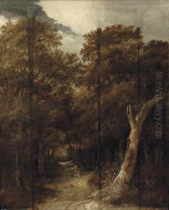 A Wooded Landscape With Figures On A Track by Roelof van Vries