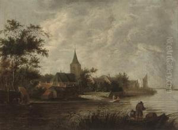 A River Landscape With Fishermen In Their Boats And Figures On A Ferry, A Church Beyond by Roelof van Vries