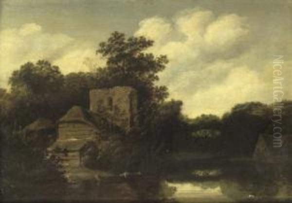 A Wooded River Landscape With A Ruined Tower And Cottages - view 1