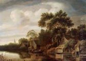 Villaggio Lungo Un Fiume Con Barca Di Pescatori E Figure