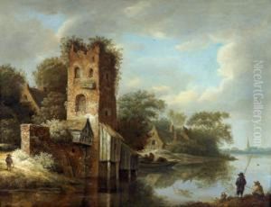Paesaggio Fluviale Olandese Con Una Torre In Rovina E Pescatori