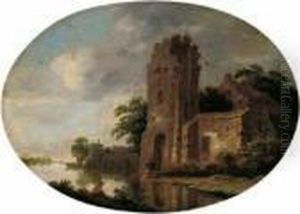 Flusslandschaft Mit Ruine Am Wasser Und Angler. Flusslandschaft Mit Ruine Am Wasser Und Angler.