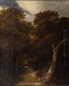 A Lady And Gentleman With A Dog In A Woodland Clearing by Roelof van Vries