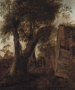 A Wooded Landscape With A Peasant Outside A Barn by Roelof van Vries