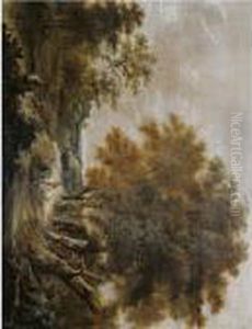 A Wooded Landscape With A Rider On A Path Conversing With A Peasant Girl by Roelof van Vries